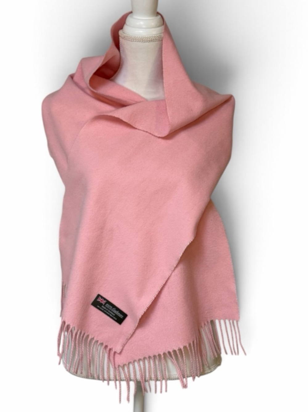 Women’s 100% Pure Cashmere Scarf Made in Scotland Pastel Pink Fringed Wrap 12x64